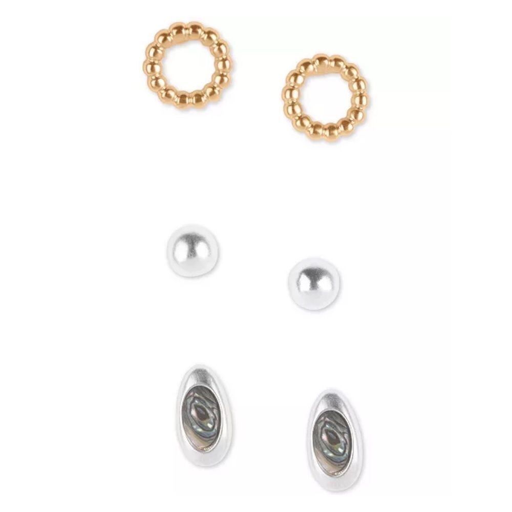 Lucky Brand Two-Tone 3 Piece Set Stud Earrings Abalone New